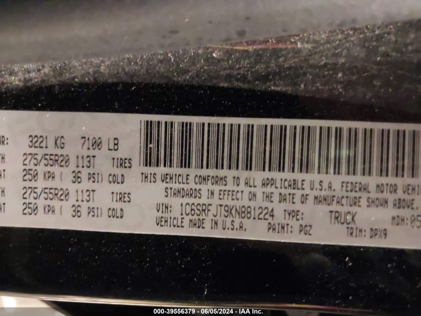 2019 Ram 1500 Laramie 4X4 5'7 Box VIN: 1C6SRFJT9KN881224 Lot: 39556379