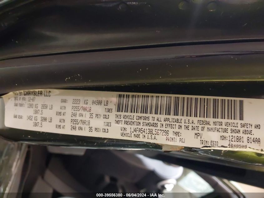 2008 Jeep Wrangler Sahara VIN: 1J4FA54138L567296 Lot: 39556380