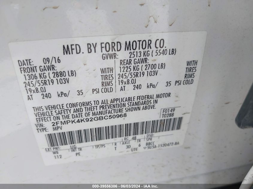 2016 Ford Edge Titanium VIN: 2FMPK4K92GBC50968 Lot: 39556386