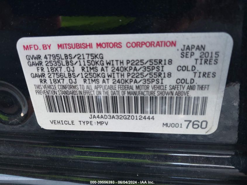 2016 Mitsubishi Outlander Se VIN: JA4AD3A32GZ012444 Lot: 39556393