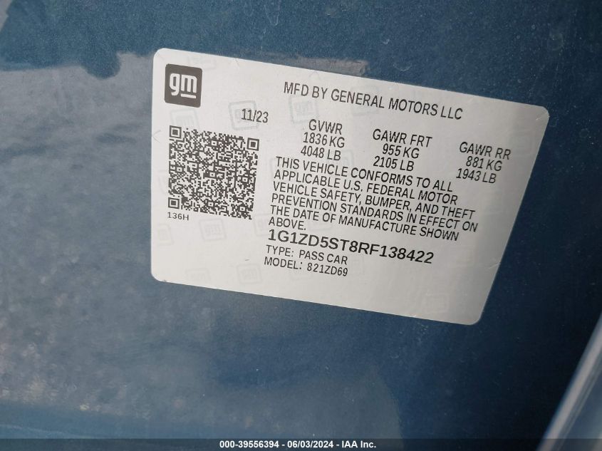 VIN 1G1ZD5ST8RF138422 2024 CHEVROLET MALIBU LT
