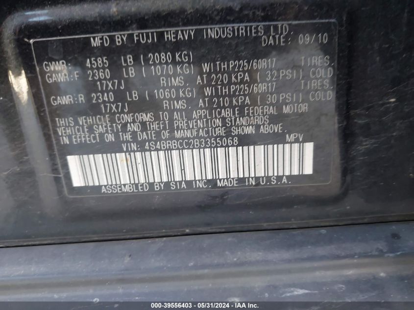 2011 Subaru Outback 2.5I Premium VIN: 4S4BRBCC2B3355068 Lot: 39556403