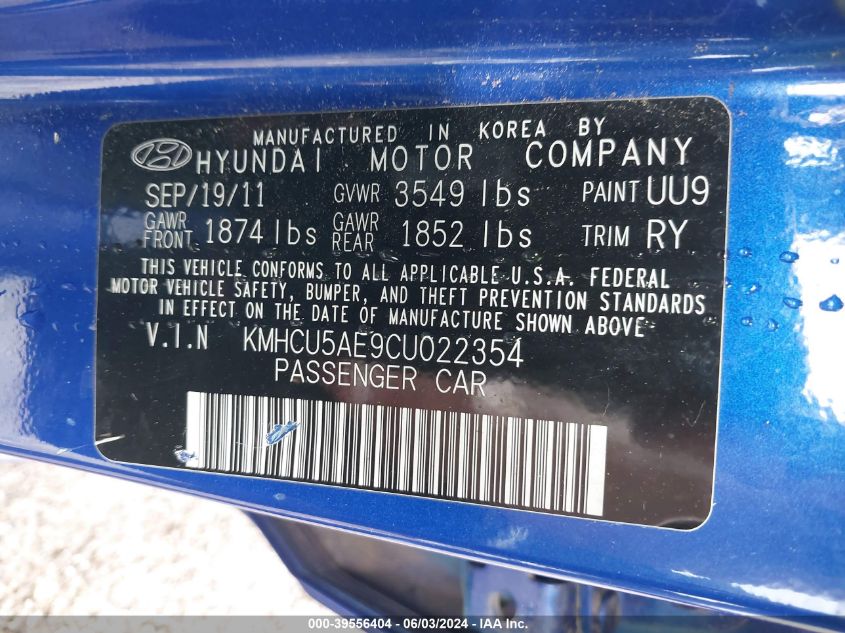2012 Hyundai Accent Se VIN: KMHCU5AE9CU022354 Lot: 39556404