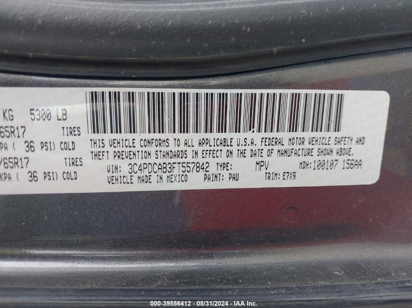 2015 Dodge Journey Se VIN: 3C4PDCAB3FT557842 Lot: 39556412