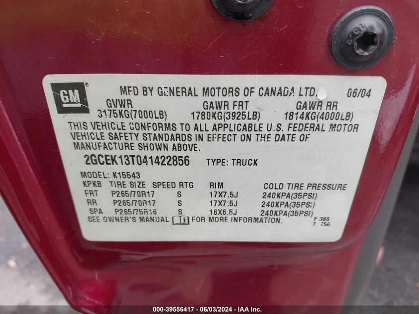 2004 Chevrolet Silverado 1500 Z71 VIN: 2GCEK13T041422856 Lot: 39556417