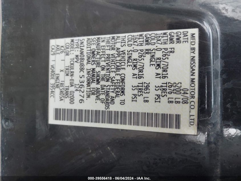 2008 Nissan Xterra S VIN: 5N1AN08U88C536276 Lot: 39556418