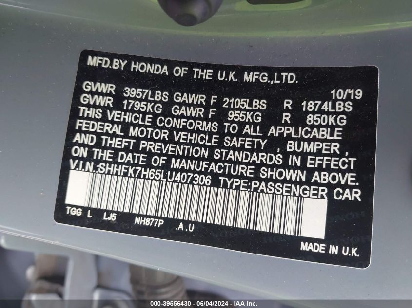 2020 Honda Civic Ex VIN: SHHFK7H65LU407306 Lot: 39556430