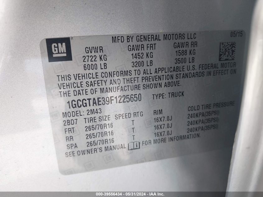 2015 Chevrolet Colorado Wt VIN: 1GCGTAE39F1225650 Lot: 39556434