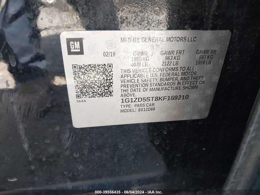 2019 Chevrolet Malibu Lt VIN: 1G1ZD5ST8KF169210 Lot: 39556435