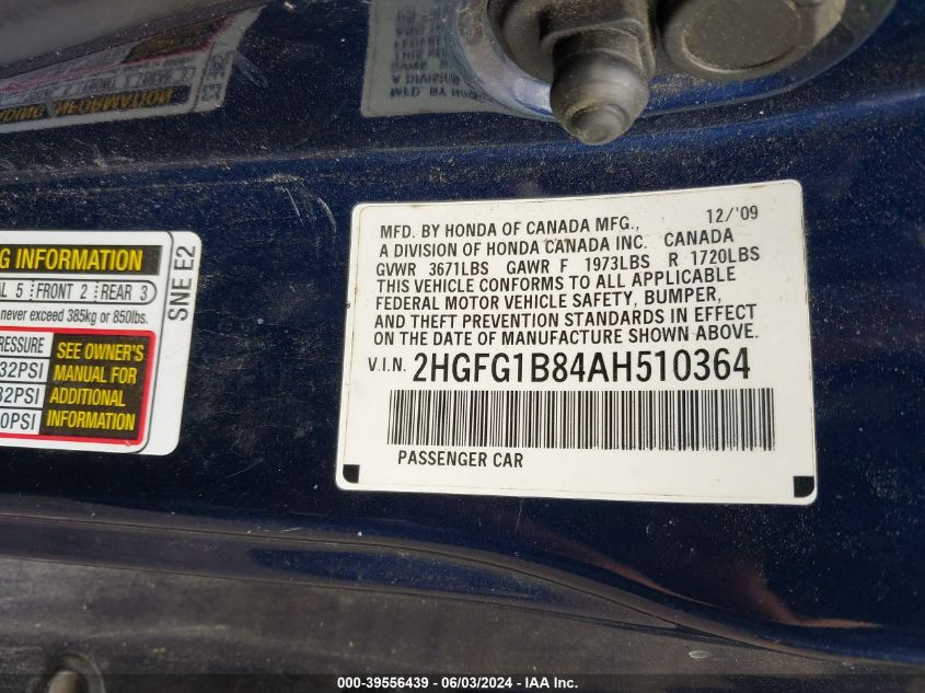2010 Honda Civic Ex VIN: 2HGFG1B84AH510364 Lot: 39556439
