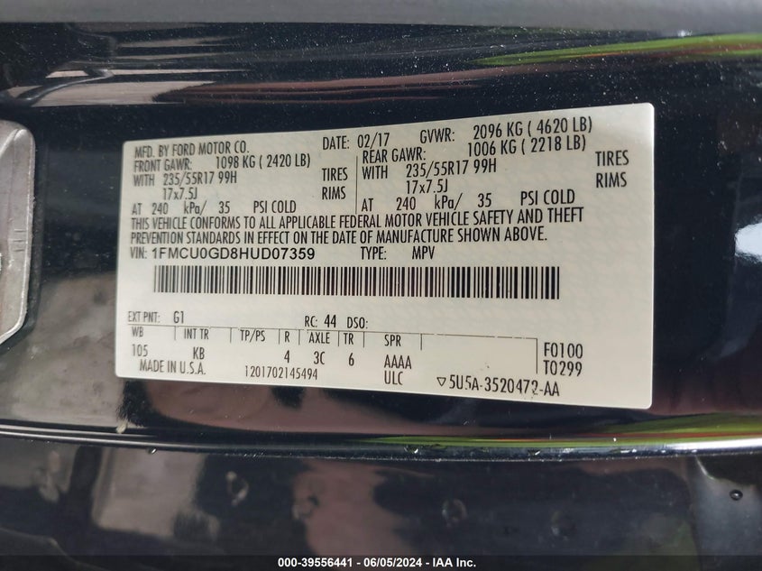 2017 Ford Escape Se VIN: 1FMCU0GD8HUD07359 Lot: 39556441