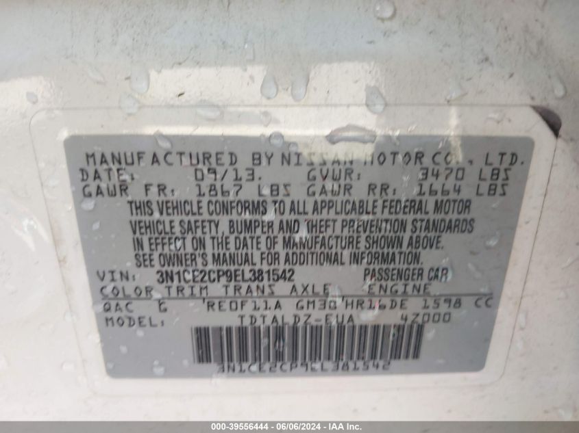 2014 Nissan Versa Note Sv VIN: 3N1CE2CP9EL381542 Lot: 39556444