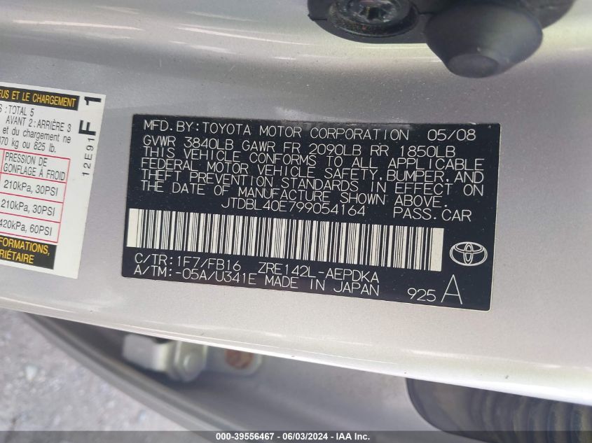 2009 Toyota Corolla Le VIN: JTDBL40E799054164 Lot: 39556467