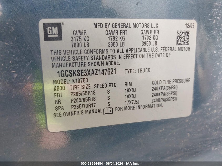 2010 Chevrolet Silverado 1500 Lt VIN: 1GCSKSE3XAZ147621 Lot: 39556484