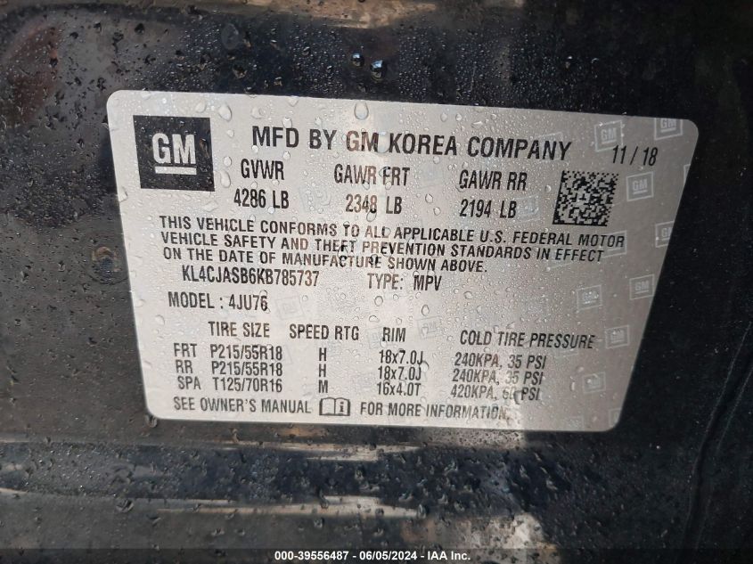 2019 Buick Encore Fwd Preferred VIN: KL4CJASB6KB785737 Lot: 39556487