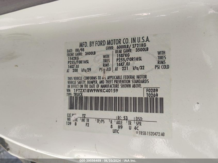 1998 Ford F-150 Lariat/Standard/Xl/Xlt VIN: 1FTZX18W9WKC40159 Lot: 39556489
