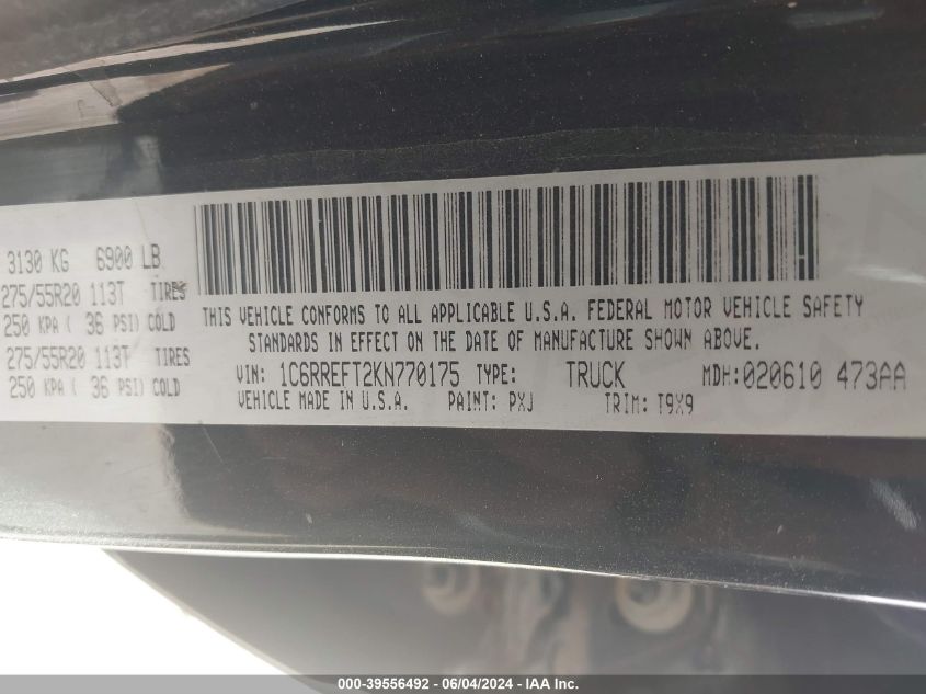 2019 Ram 1500 Big Horn/Lone Star 4X2 5'7 Box VIN: 1C6RREFT2KN770175 Lot: 39556492