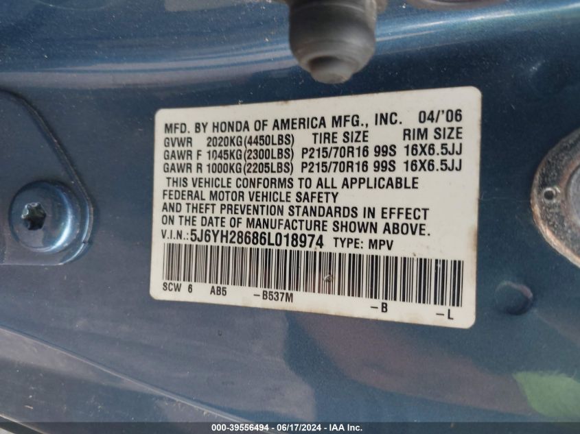 2006 Honda Element Ex VIN: 5J6YH28686L018974 Lot: 39556494