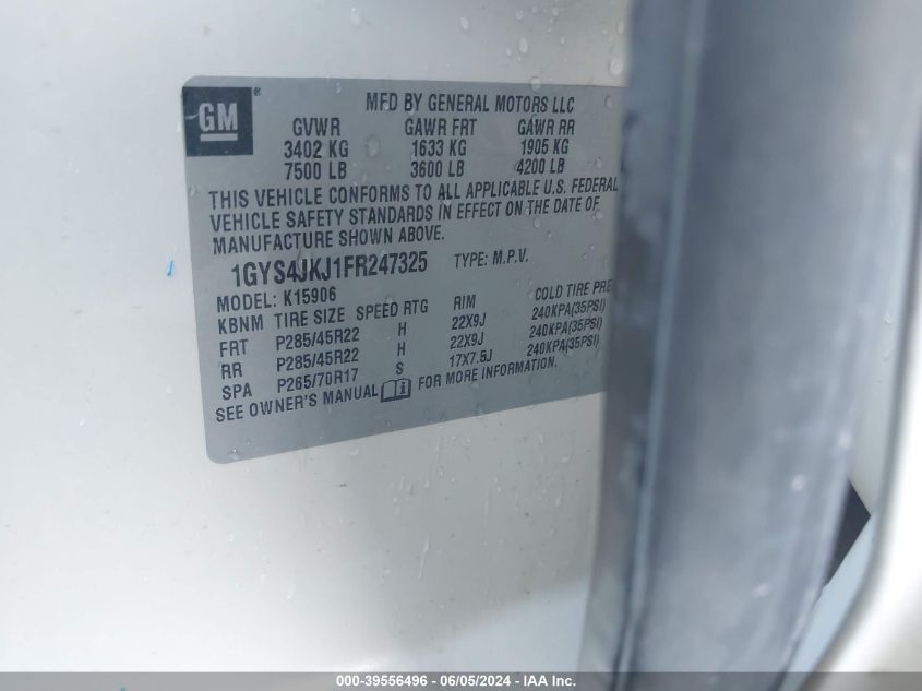2015 Cadillac Escalade Esv Premium VIN: 1GYS4JKJ1FR247325 Lot: 39556496