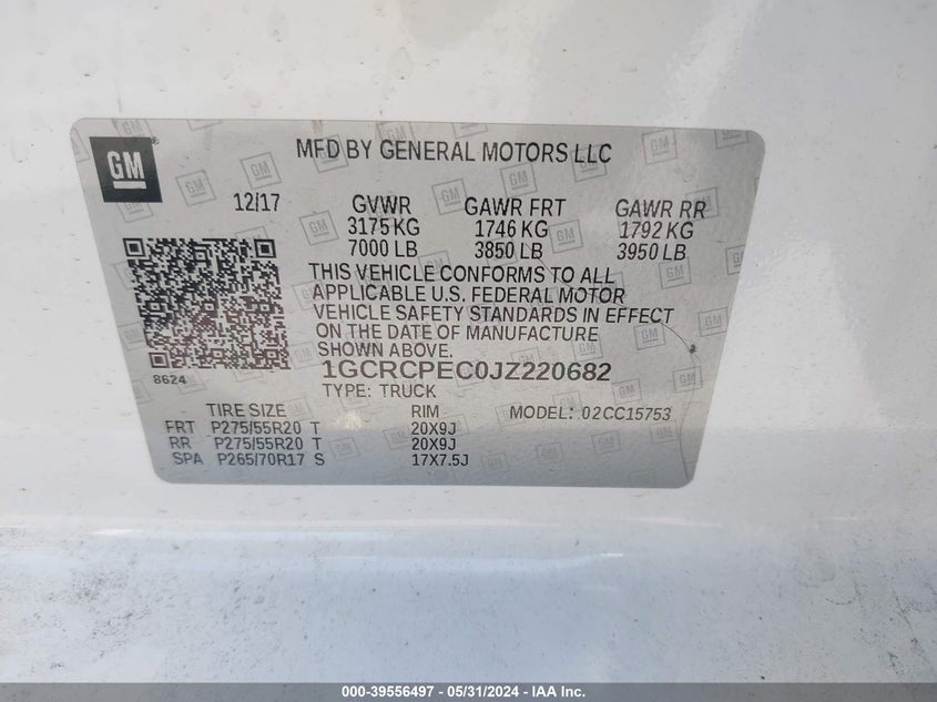 2018 Chevrolet Silverado 1500 Custom VIN: 1GCRCPEC0JZ220682 Lot: 39556497