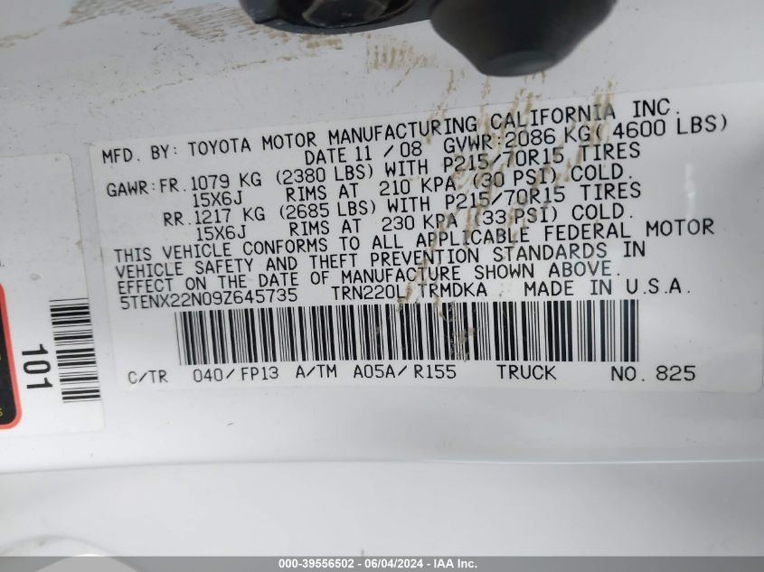 2009 Toyota Tacoma VIN: 5TENX22N09Z645735 Lot: 39556502