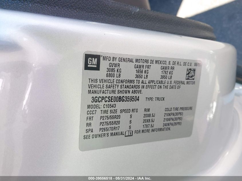 2011 Chevrolet Silverado 1500 Lt VIN: 3GCPCSE00BG359504 Lot: 39556518