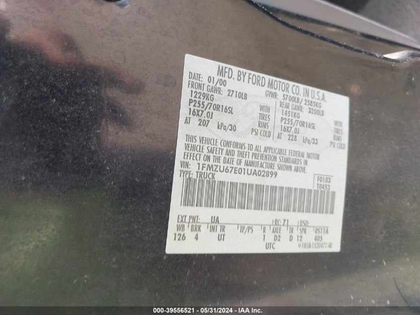 2001 Ford Explorer Sport Trac VIN: 1FMZU67E01UA02899 Lot: 39556521