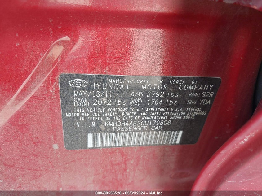 2012 Hyundai Elantra Gls (Ulsan Plant) VIN: KMHDH4AE2CU179808 Lot: 39556528