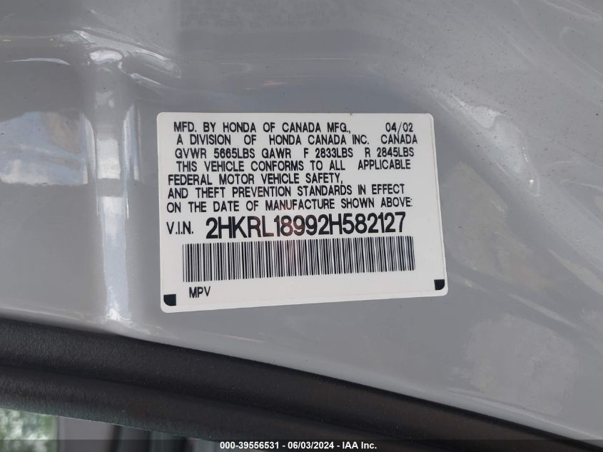 2002 Honda Odyssey Ex-L VIN: 2HKRL18992H582127 Lot: 39556531