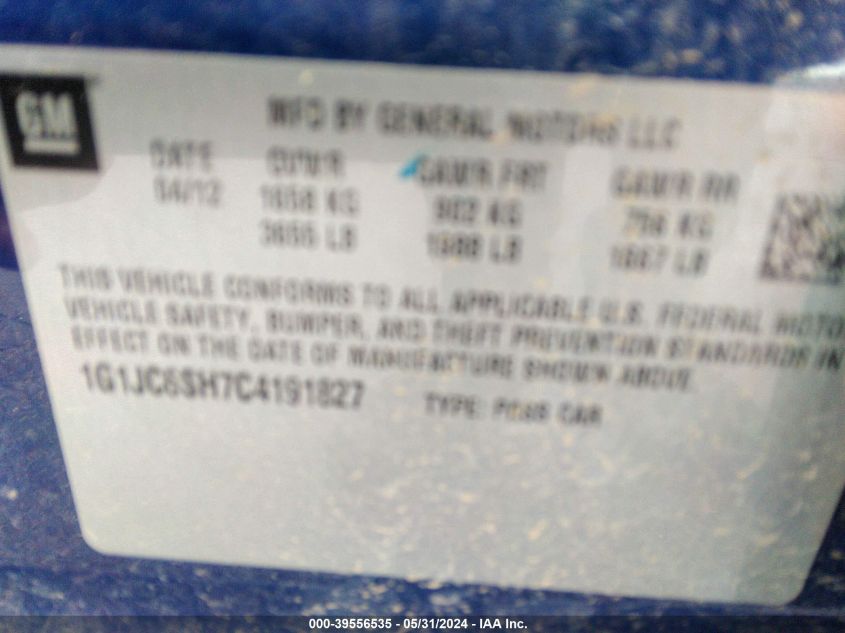 2012 Chevrolet Sonic 2Lt VIN: 1G1JC6SH7C4191827 Lot: 39556535