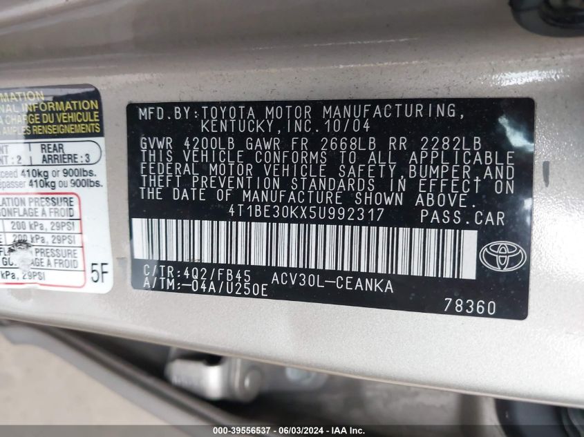 2005 Toyota Camry Le VIN: 4T1BE30KX5U992317 Lot: 39556537