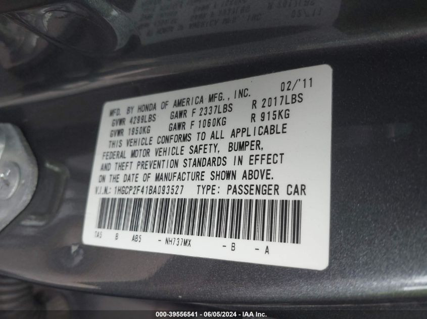 2011 Honda Accord 2.4 Lx-P VIN: 1HGCP2F41BA093527 Lot: 39556541