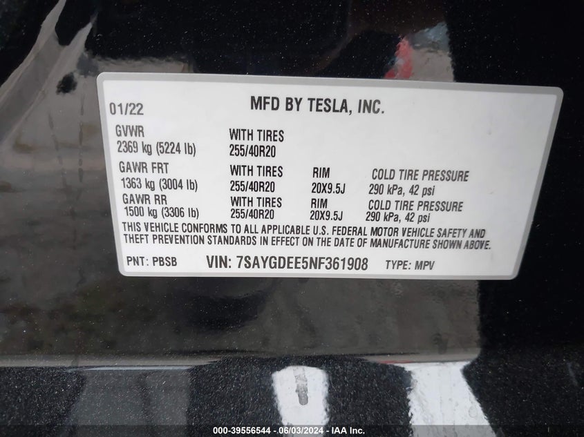 VIN 7SAYGDEE5NF361908 2022 TESLA MODEL Y LONG RANGE DUAL MOTOR ALL-WHEEL DRIVE