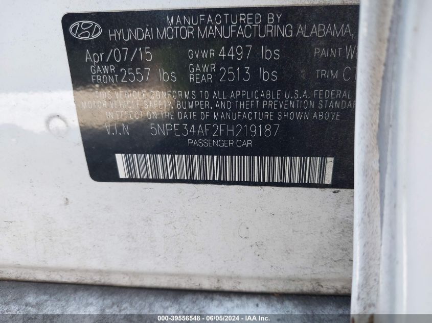 2015 Hyundai Sonata Limited VIN: 5NPE34AF2FH219187 Lot: 39556548