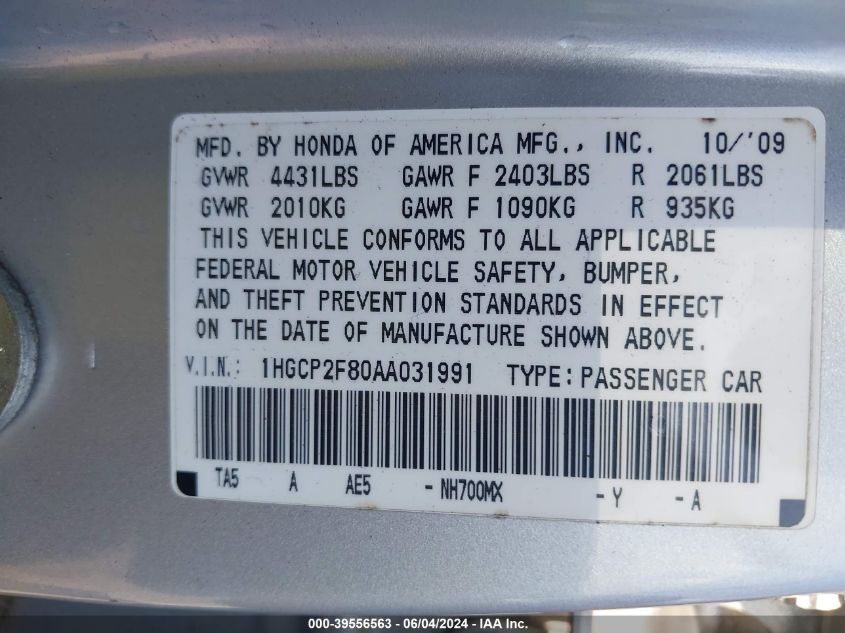 2010 Honda Accord 2.4 Ex-L VIN: 1HGCP2F80AA031991 Lot: 39556563
