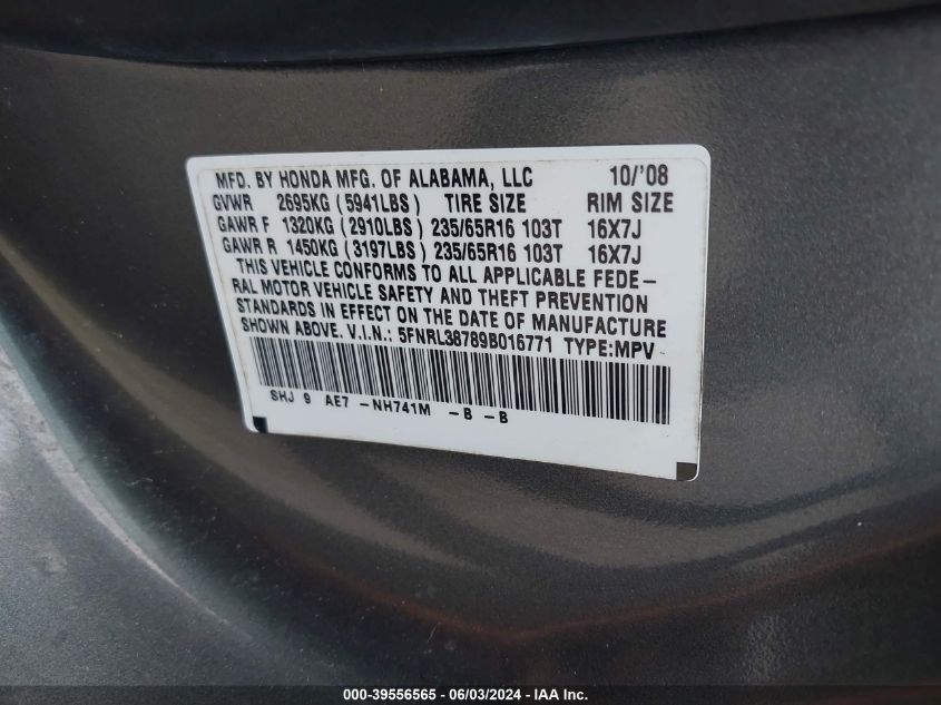 2009 Honda Odyssey Ex-L VIN: 5FNRL38789B016771 Lot: 39556565