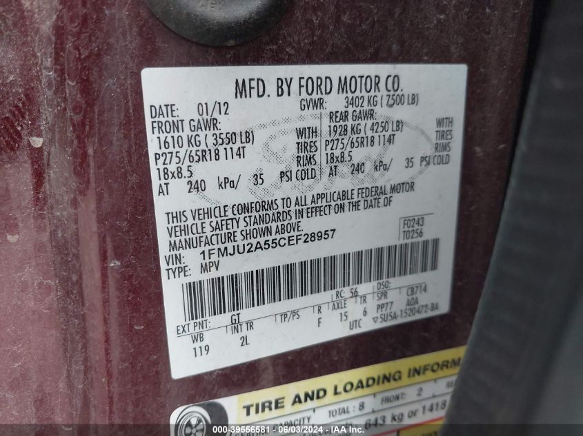 2012 Ford Expedition Limited VIN: 1FMJU2A55CEF28957 Lot: 39556581