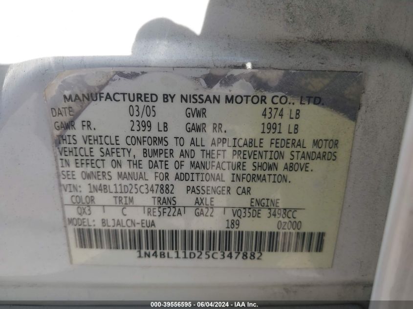 2005 Nissan Altima 3.5 Se VIN: 1N4BL11D25C347882 Lot: 39556595