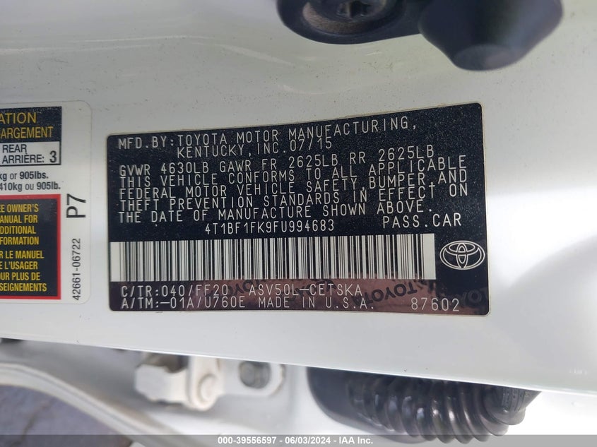 2015 Toyota Camry Se VIN: 4T1BF1FK9FU994683 Lot: 39556597