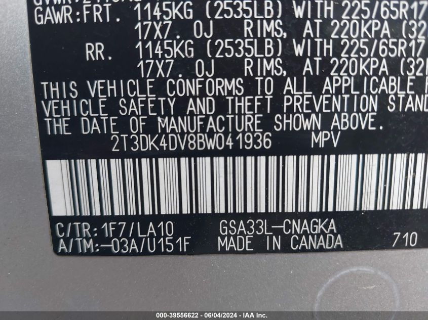 2011 Toyota Rav4 Limited V6 VIN: 2T3DK4DV8BW041936 Lot: 39556622