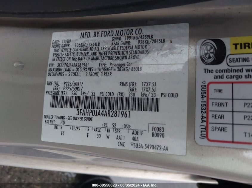 2010 Ford Fusion Sel VIN: 3FAHP0JA4AR281961 Lot: 39556628