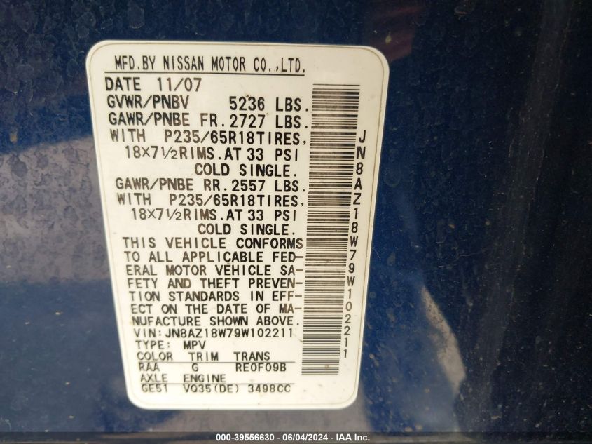 2009 Nissan Murano S VIN: JN8AZ18W79W102211 Lot: 39556630