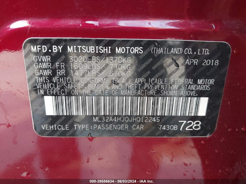 2018 Mitsubishi Mirage Se VIN: ML32A4HJ0JH012245 Lot: 39556634