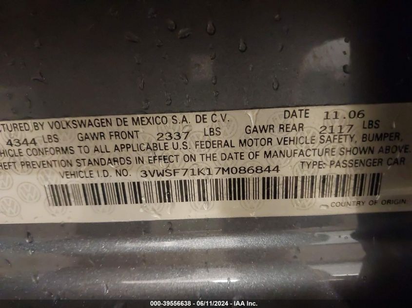 2007 Volkswagen Jetta 2.5 VIN: 3VWSF71K17M086844 Lot: 39556638