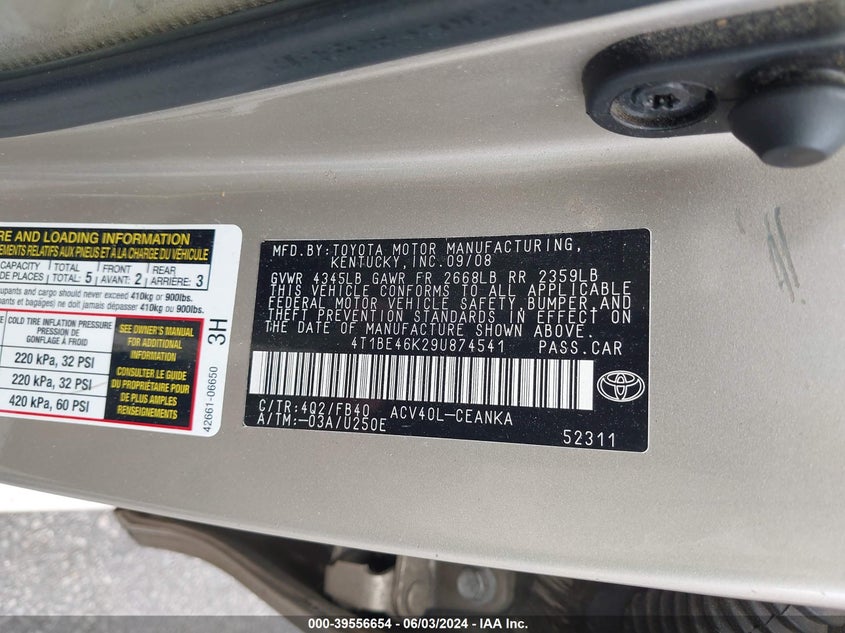 2009 Toyota Camry Le VIN: 4T1BE46K29U874541 Lot: 39556654