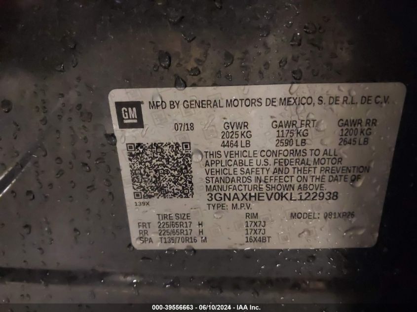 2019 Chevrolet Equinox Ls VIN: 3GNAXHEV0KL122938 Lot: 39556663