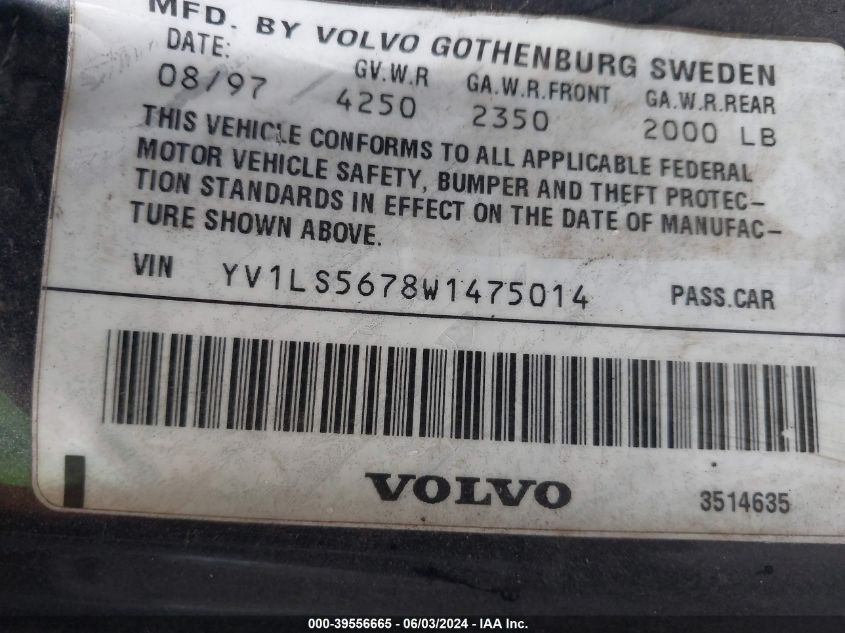 1998 Volvo S70 Glt VIN: YV1LS5678W1475014 Lot: 39556665