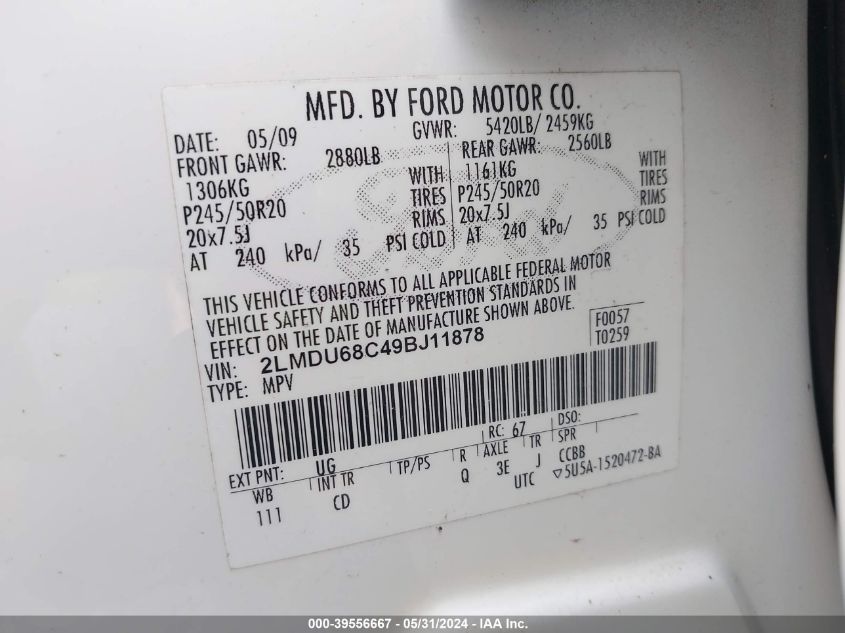 2009 Lincoln Mkx VIN: 2LMDU68C49BJ11878 Lot: 39556667