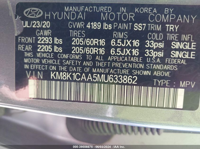 2021 Hyundai Kona Se VIN: KM8K1CAA5MU633862 Lot: 39556675