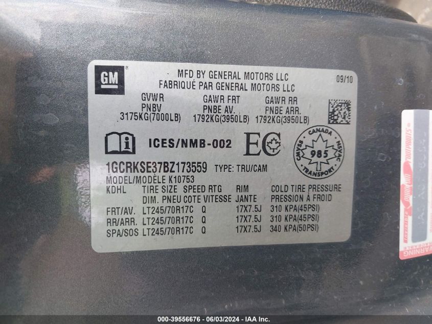 2011 Chevrolet Silverado 1500 Lt VIN: 1GCRKSE37BZ173559 Lot: 39556676